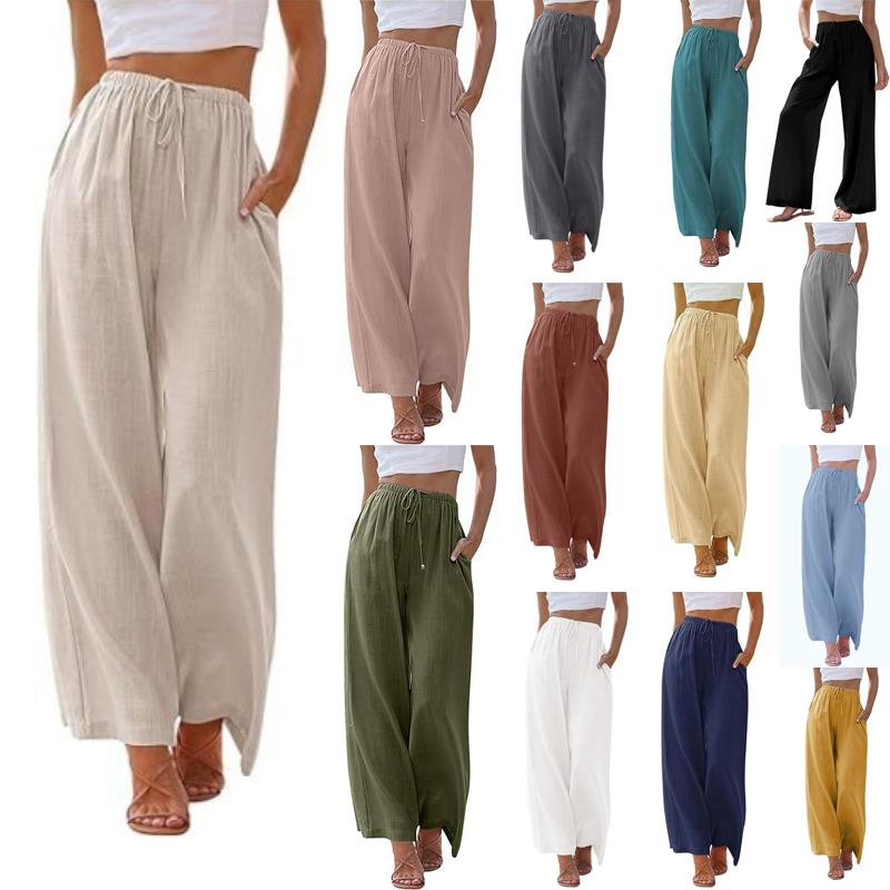Plus Size Loose Linen Casual Drawstring Wide Leg Women Pants