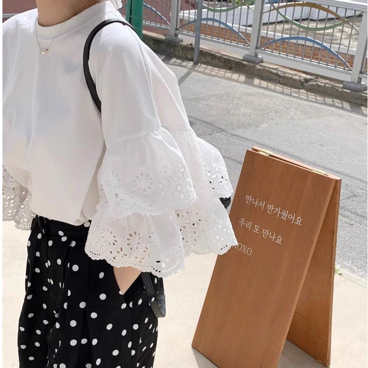 外贸日系刺绣镂空拼接荷叶边T恤女夏甜美蕾丝宽松大版百搭棉上衣