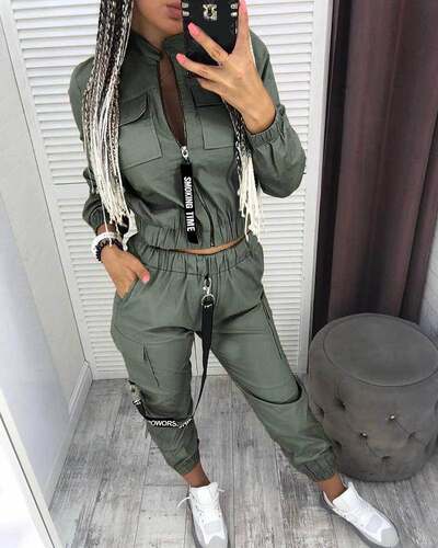 Pockets Zipper Design Ruched Coat Cargo Pants Sets休闲套装女