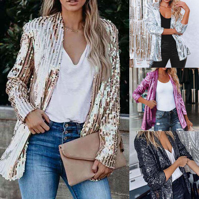2022春新品时尚亮片翻领休闲西装外套女上衣长袖Sequined jacket