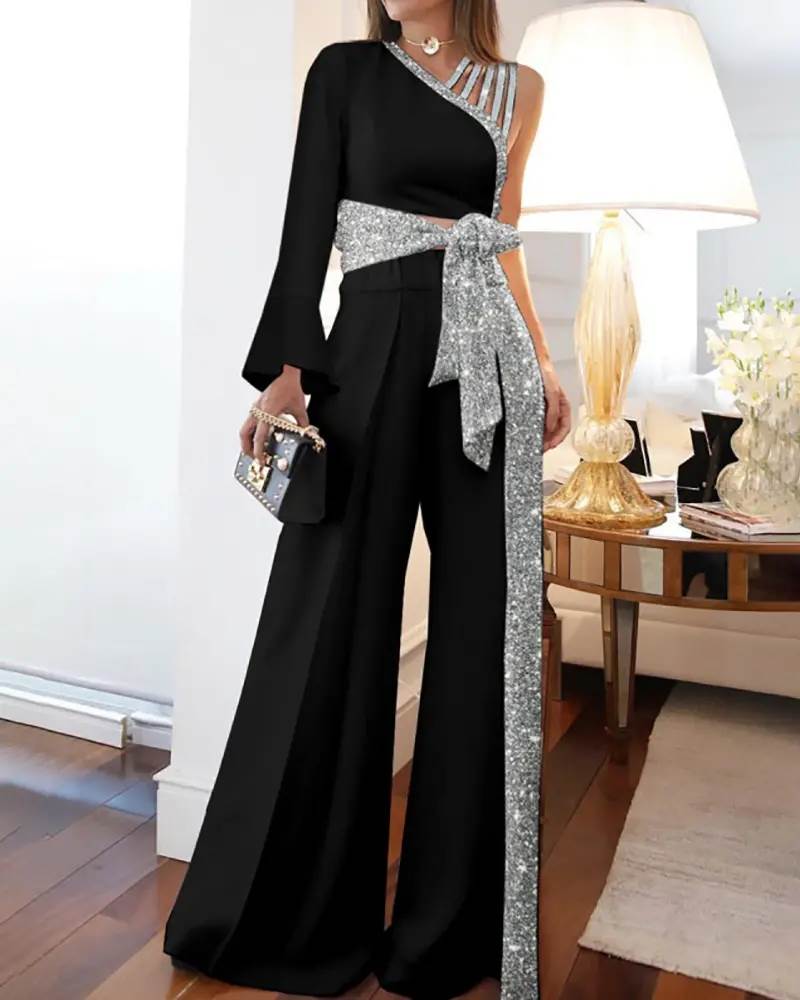 单肩绑带收腰连体喇叭裤One Shoulder Metallic Bootcut Jumpsuit