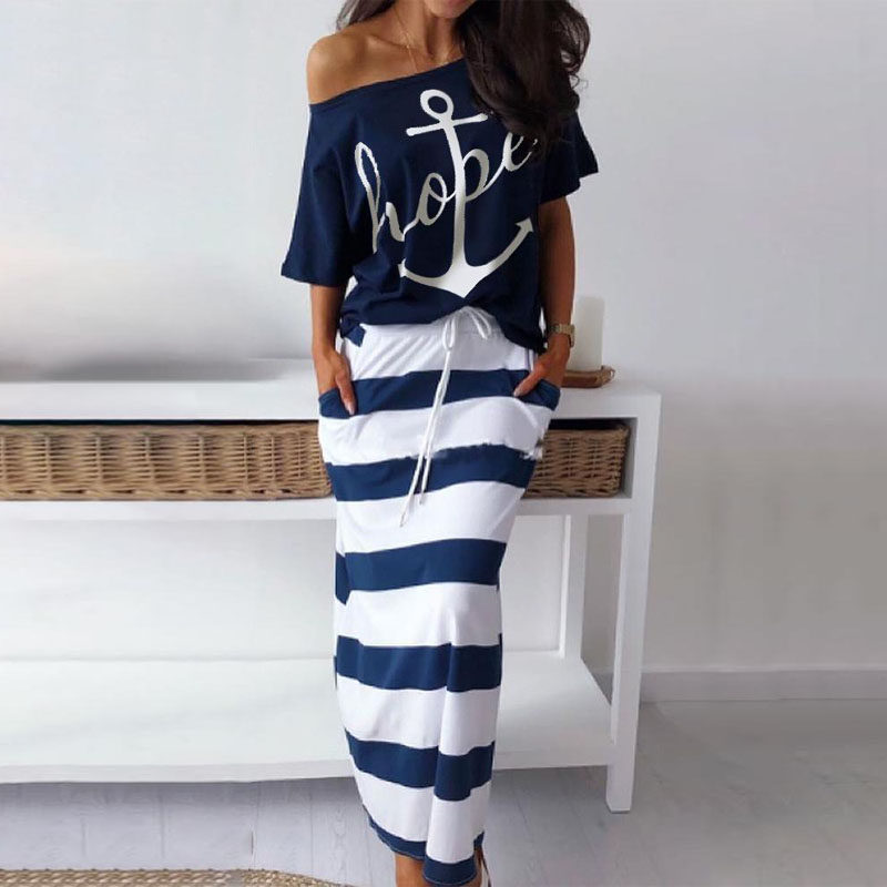 Two piece set women skirt suits条纹船锚印花短袖T恤+半身裙套