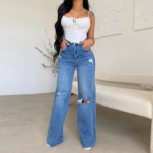 Woman Casual Loose Ripped Waist Jeans High Mom Baggy