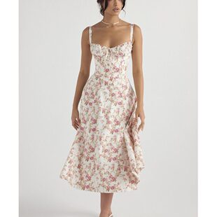 吊带洋装 叉中长版 礼服裙 欧美一字领系带碎花收腰开 甜美夏季