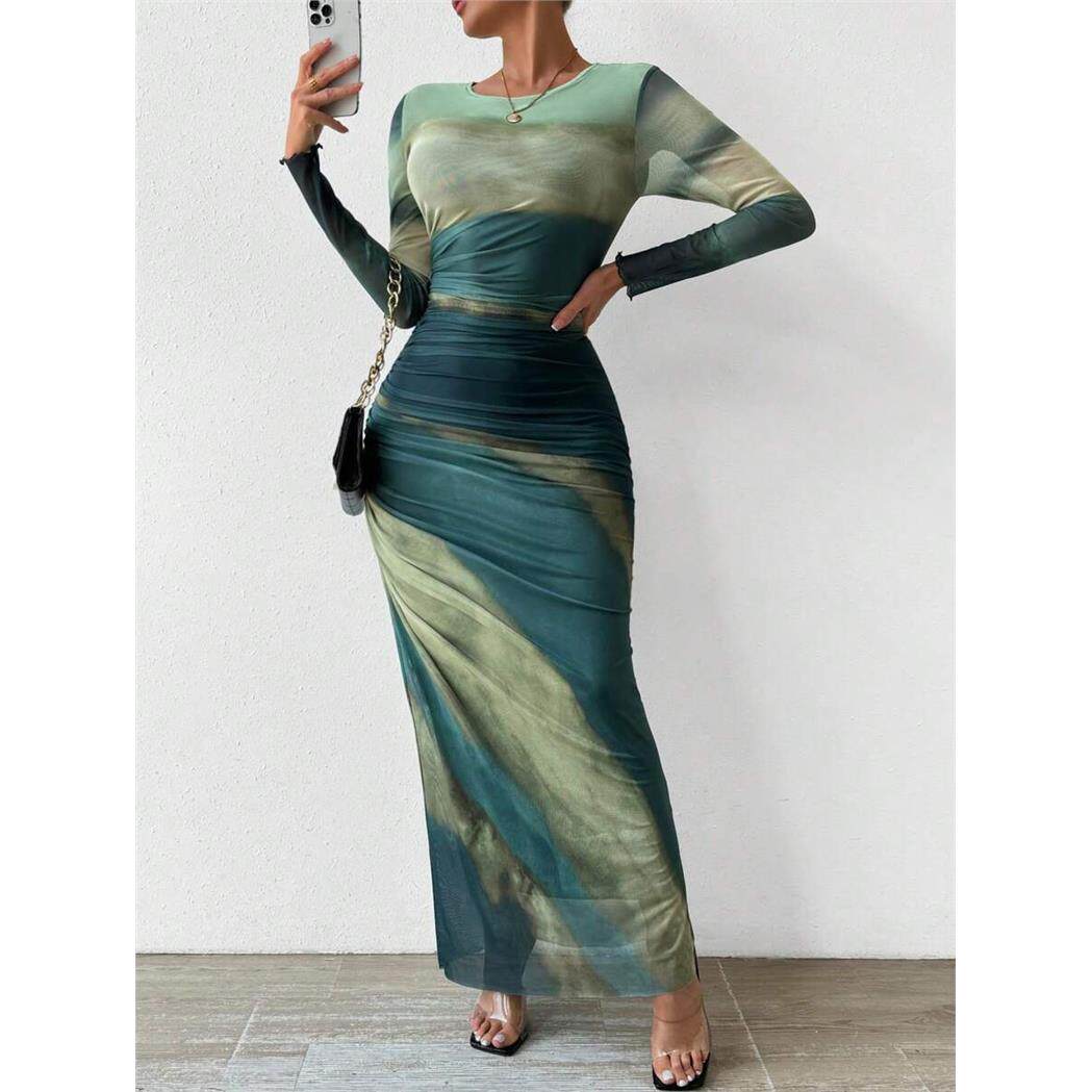 Sexy mesh dress 欧美新款时尚圆领网纱印染褶皱修身长版洋装女
