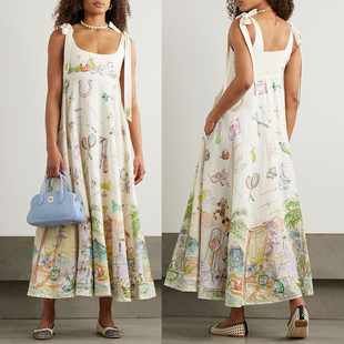 Lace up linen positioning printed dress