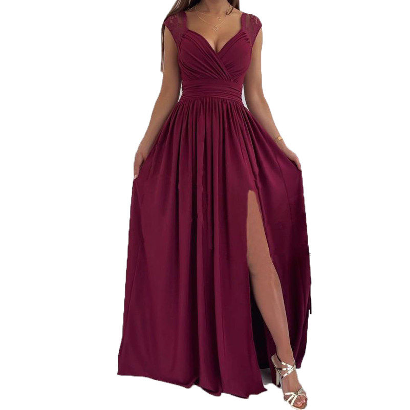 欧美夏季新款V领蕾丝拼接露背修身高腰开叉A字背心连衣裙晚宴礼服