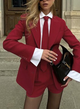 Red suit shorts set 欧美设计感红色领带小西装外套短款时尚套装