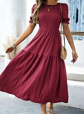 女裙黑色裙Summer Orange Pleated Short Sleeved A-line Dresses