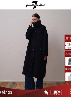 7 For All Mankind25新品女黑色高领羊毛大衣秋冬高级感超显气质