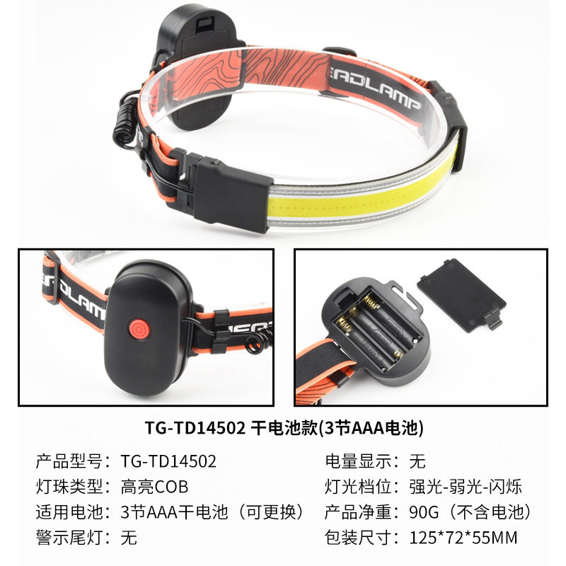 工厂新款 USB充电轻型大泛光头灯COB 户外野营头戴式柔光贴片头灯
