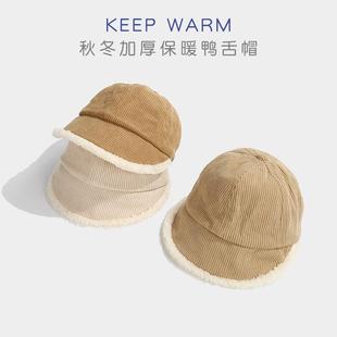 冬儿童宝宝加厚灯芯绒雷锋帽男童帅气加绒鸭舌帽女小童可调节棉帽