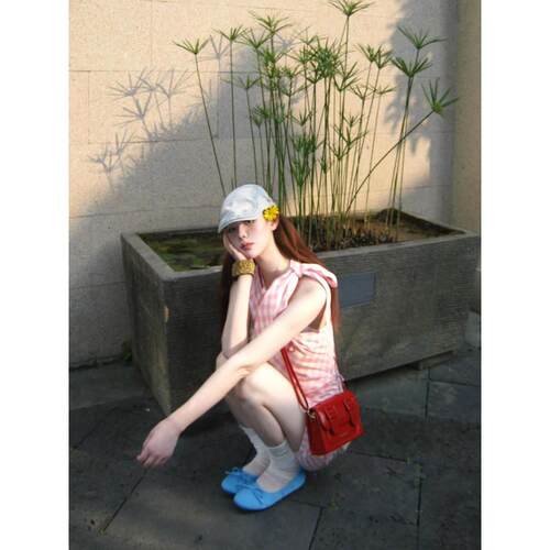 多领巴胺甜美夏少女粉色格连纹ZOW衣裙女性季新温柔风格无袖吊短