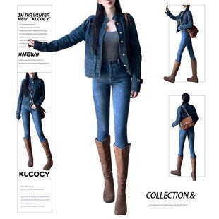 Forever 21复古蓝美式紧身高腰牛仔靴裤女弹力辣妹提臀小脚铅笔裤