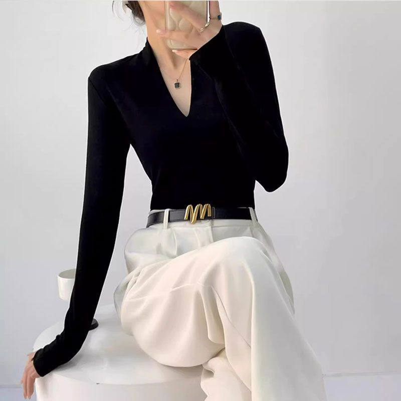 黑色修身v领打底衫女秋冬内搭针织衫收腰长袖T恤百搭显瘦上衣通勤