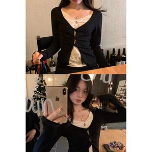 宋正恩假两件黑色镂空蕾丝针织内搭打底衫女冬季修身长袖t恤上衣