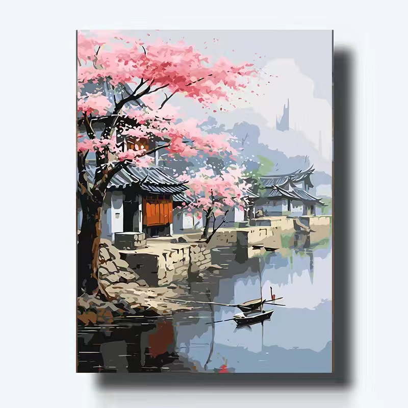 數(shù)字油畫diy微派水鄉(xiāng)中國風(fēng)手工治愈小眾古典生日禮物房間裝飾畫