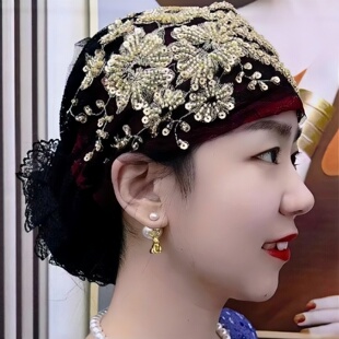 洋派百搭新款凤尾花盘花帽妈妈黑色头巾束发帽女遮白发蕾丝包头帽
