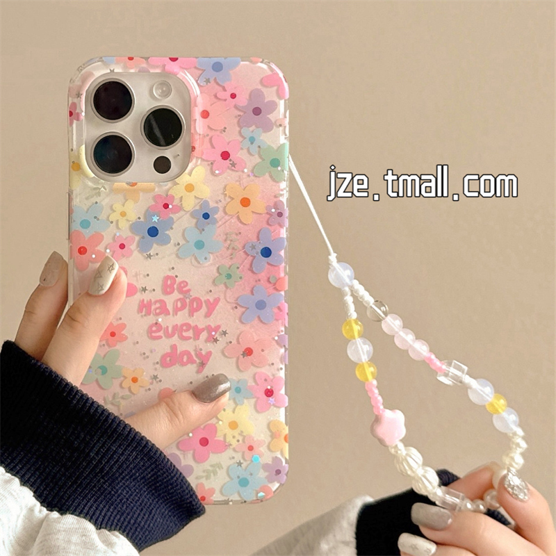 ins风春夏彩色油画花朵适用苹果15手机壳iphone16ProMax新款15promax女款13带链条16pro闪粉14pro全包保护套