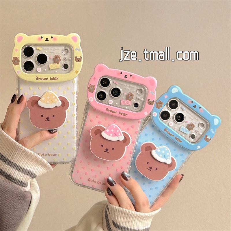 jze 萌系可爱波点小熊立体镜头框适用苹果17ProMax手机壳iphone15新款16pro女款17pro超好看14全包防摔手机套
