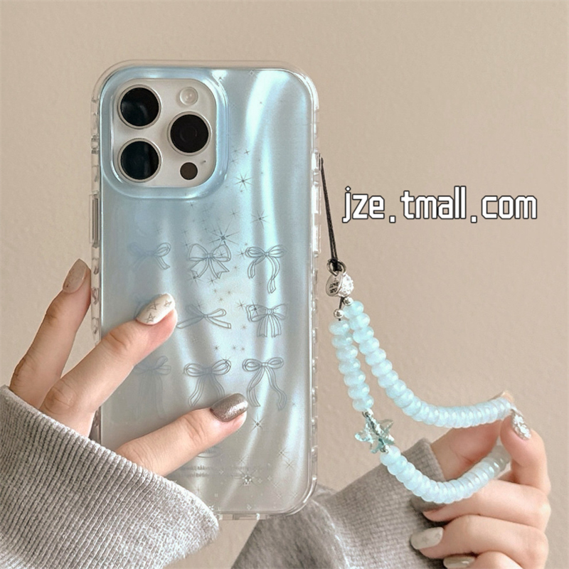 韩系ins小众奶蓝色渐变蝴蝶结适用苹果15手机壳iphone16ProMax新款15promax女13带链条16pro高级14全包保护套