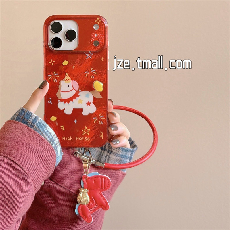 jze 新年红色旋转元宝小马带挂绳适用苹果17ProMax手机壳iphone15新款16pro女款13双层15pro可爱14防摔保护套