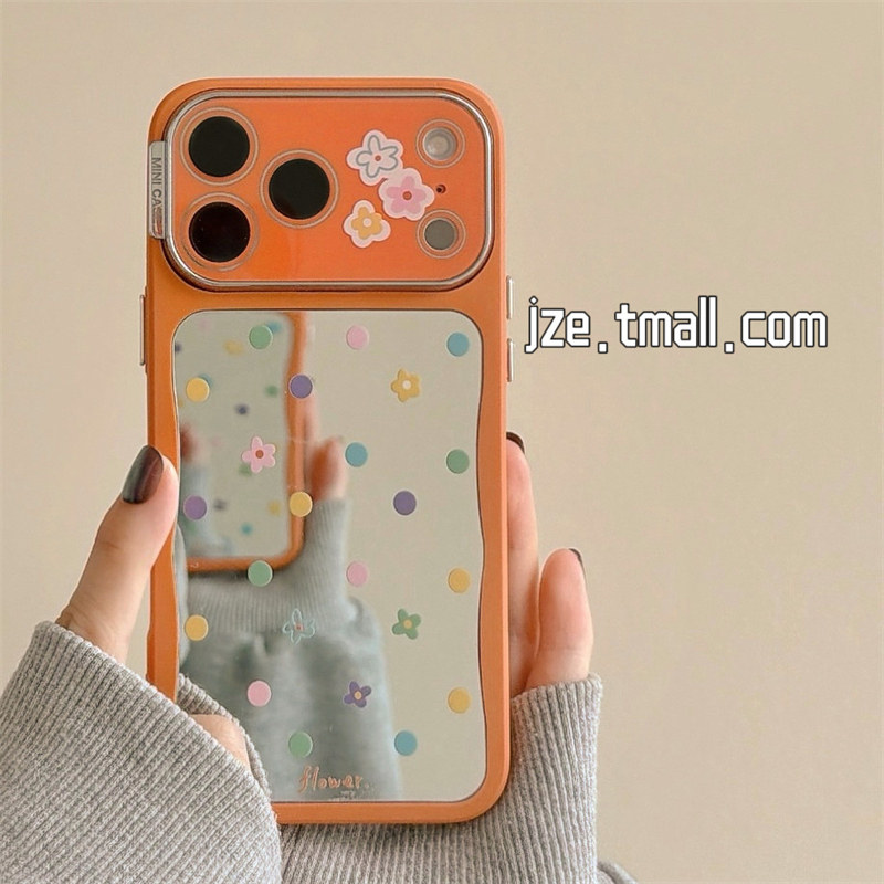 jze 橙色简约涂鸦波点花朵镜面适用苹果17ProMax手机壳iphone15新款16pro女款17pro韩风小众14全包防摔手机套