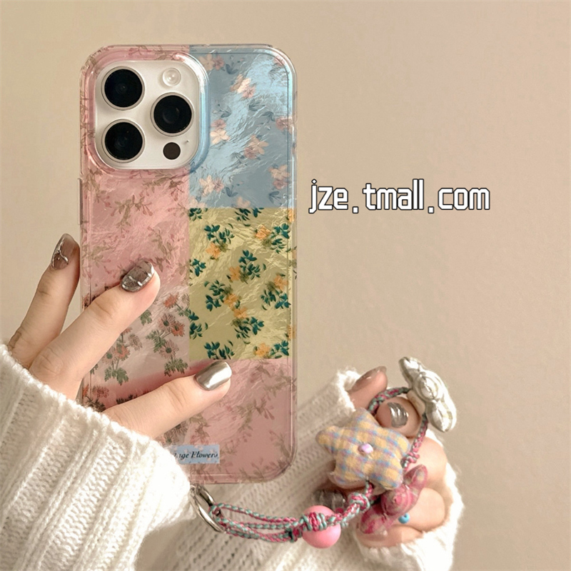 韩系小清新拼色格子碎花带挂绳适用iphone16promax手机壳苹果13新款15promax防摔硅胶14女款小众12全包保护套