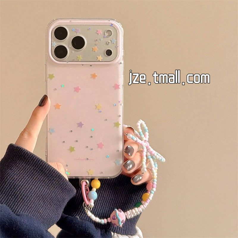 jze韩系ins少女心粉底彩色星星适用苹果17ProMax手机壳iphone15新款16pro带链条13双层15pro全包防摔保护套14