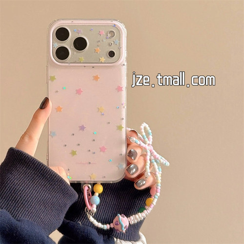 jze韩系ins少女心粉底彩色星星适用苹果17ProMax手机壳iphone15新款16pro带链条13双层15pro全包防摔保护套14