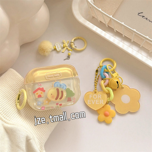jze 立体可爱小蜜蜂带花朵挂坠适用苹果AirPods5保护壳airpods2/3/4蓝牙无线耳机套airpodspro二三四代新款女 - 封面