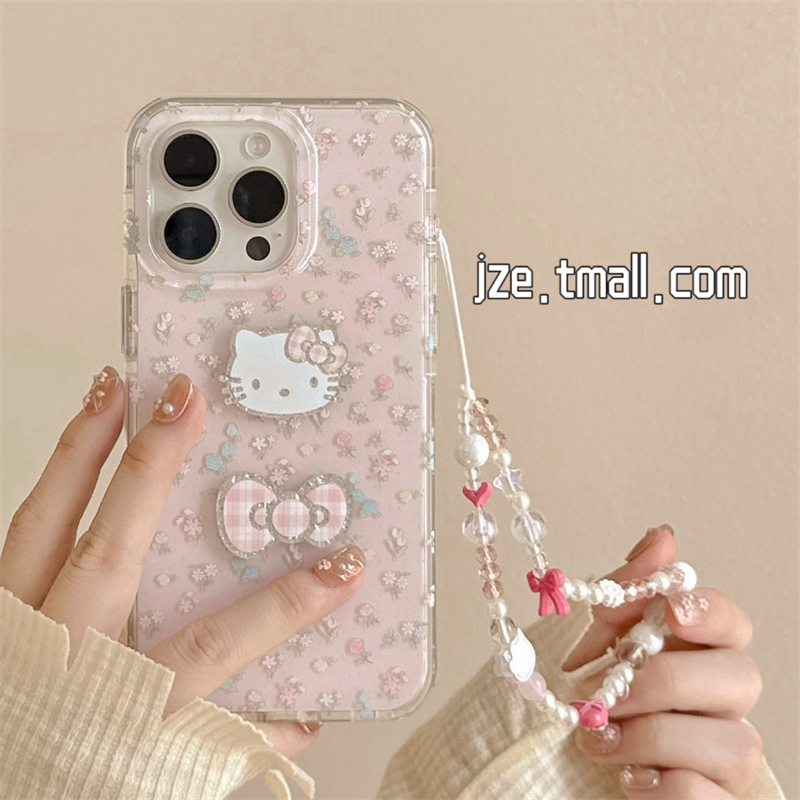 ins立体粉色碎花蝴蝶结KT猫适用苹果15手机壳iphone16ProMax新款15promax少女13带链条16pro小众14全包保护套