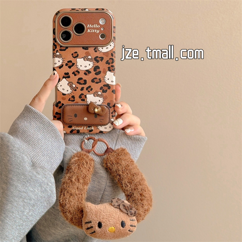 jze 棕色豹纹HelloKitty折叠支架适用苹果17ProMax手机壳iphone15新款16pro女13超好看15pro仿皮防摔保护套14