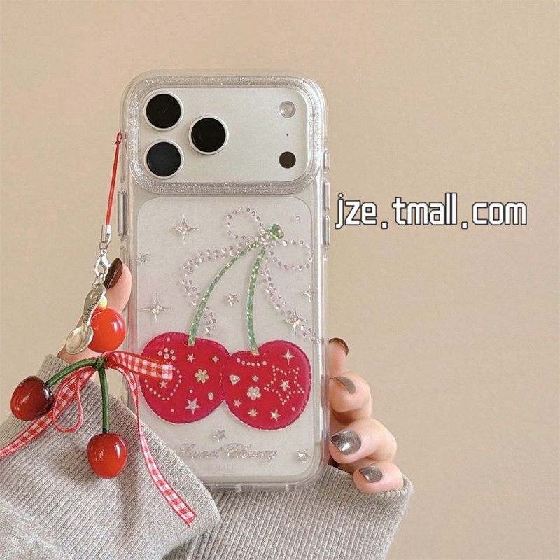 jze韩系ins透明细闪鎏金点钻蝴蝶结樱桃适用苹果17ProMax手机壳iphone15新款16pro女13双层15pro防摔手机套14