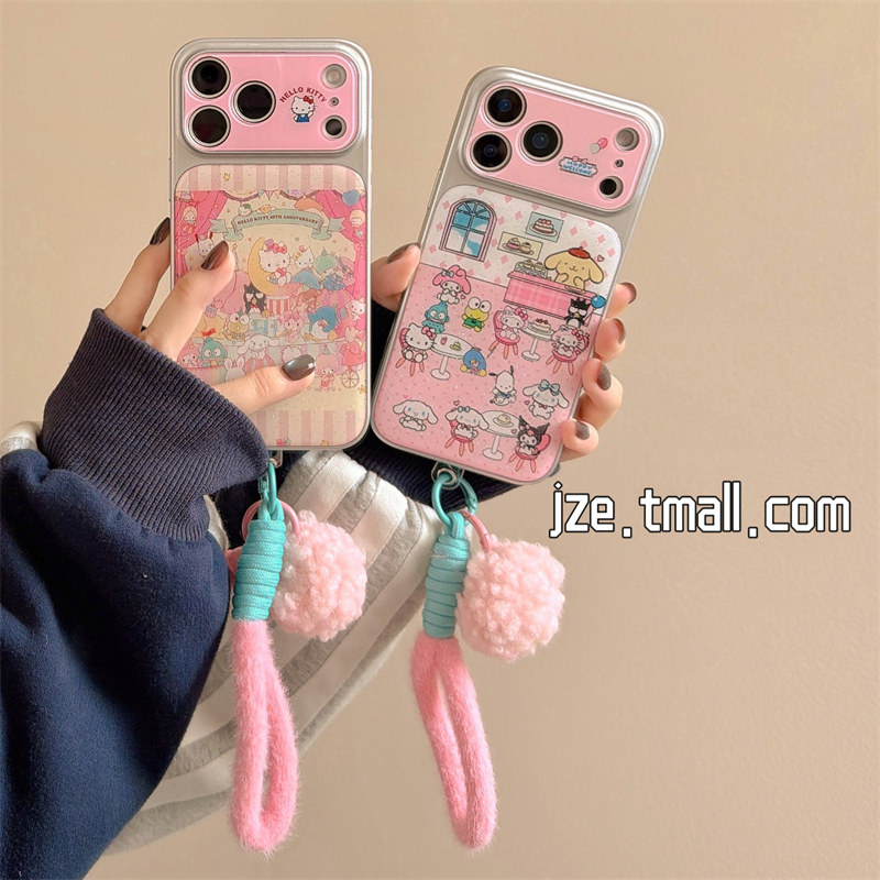 jze 韩系可爱甜美少女心条纹卡通适用苹果17ProMax手机壳iphone15新款16pro带挂绳13电镀仿皮防摔保护套14pro