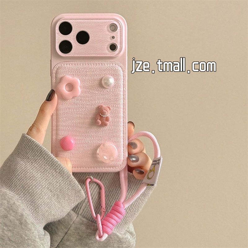 jze韩系ins简约少女粉立体小熊爱心适用苹果17ProMax手机壳iphone15新款16pro女17pro带挂绳14全包防摔手机套