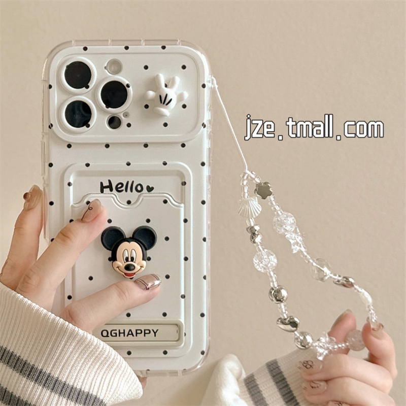 jze简约波点立体米奇卡包适用苹果15手机壳iphone16ProMax新款15promax女款13带挂绳16pro超好看14全包保护套