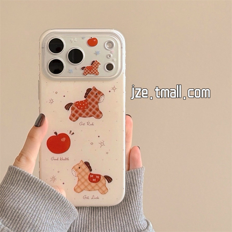 jze 韩风米黄可爱苹果格纹小马适用苹果17ProMax手机壳iphone15新款16pro女13双层15pro全包防摔保护套14超火