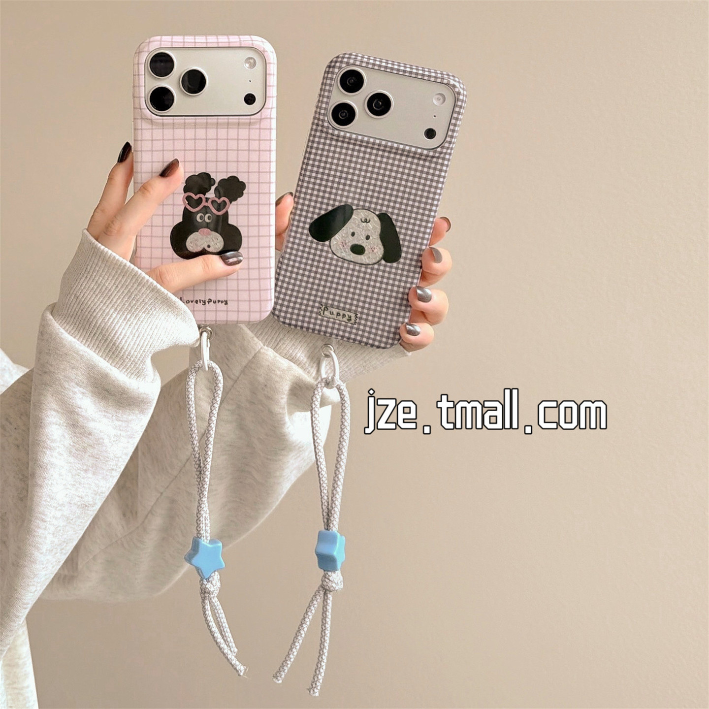 jze可爱格纹兔子小狗ins适用苹果17ProMax手机壳双层iphone16pro新款17女款韩风15pro带挂绳14全包防摔手机套