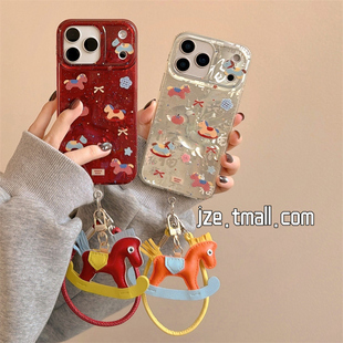 jze 新年喜庆红色百福图小马手拎绳适用苹果17ProMax手机壳iphone15新款16pro女13双层15pro创意14防摔保护套