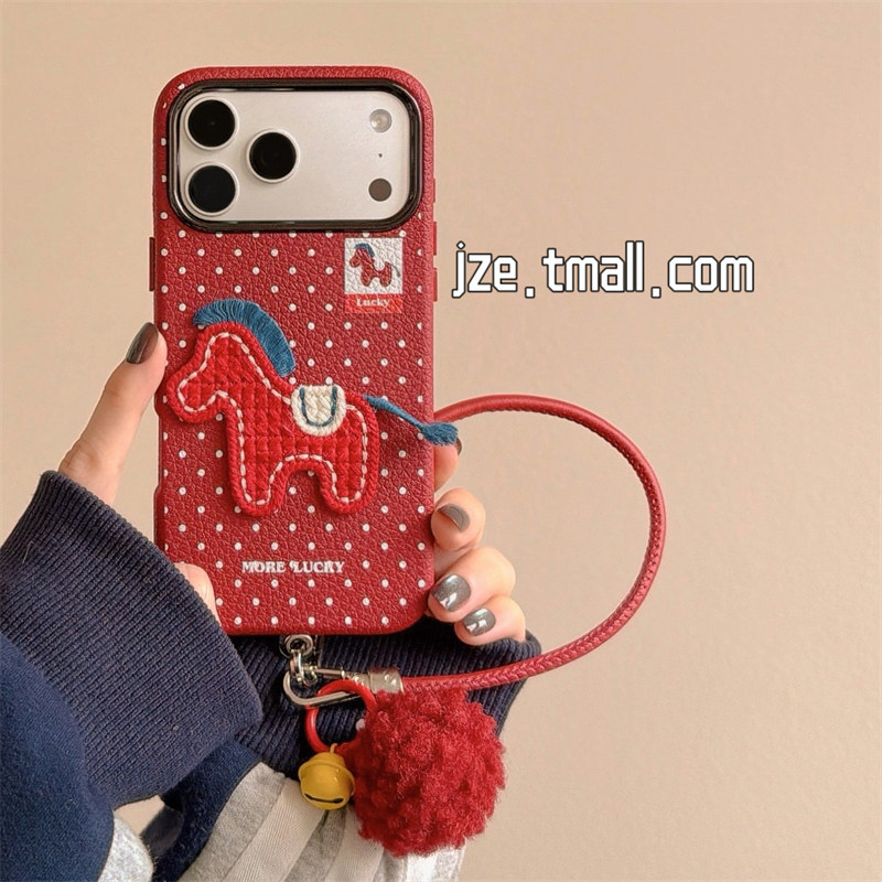 jze 新年红色波点小马刺绣适用苹果17ProMax手机壳iphone15新款16pro女款喜庆13带挂绳15pro仿皮14防摔保护套