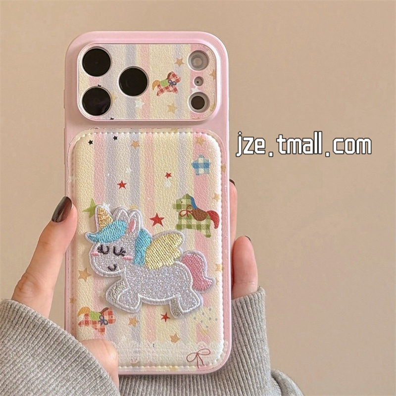 jze 韩系可爱甜美彩色小马刺绣适用苹果17ProMax手机壳iphone15新款16pro女13电镀皮纹15pro全包14防摔保护套