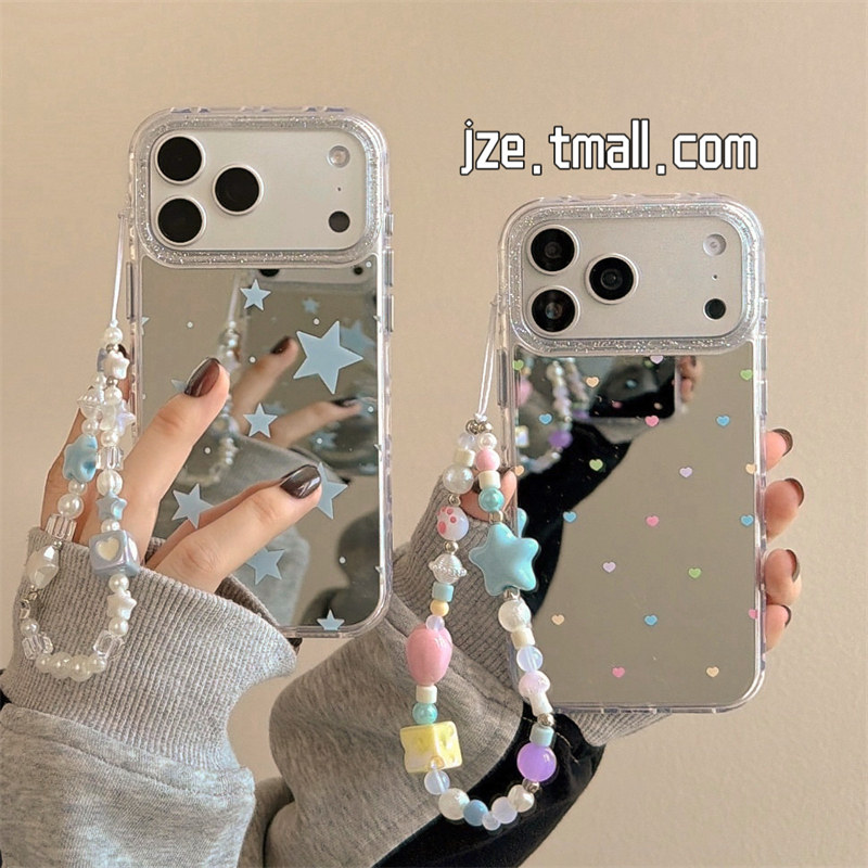 jze韩风ins简约高级感波点星星镜面适用苹果17ProMax手机壳iphone15新款16pro女17pro带链条14全包防摔手机套