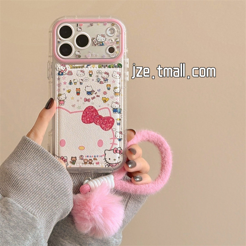 jze 皮质粉色HelloKitty卡通涂鸦适用苹果17ProMax手机壳绒挂绳iphone15新款16pro女款17pro全包14防摔手机套