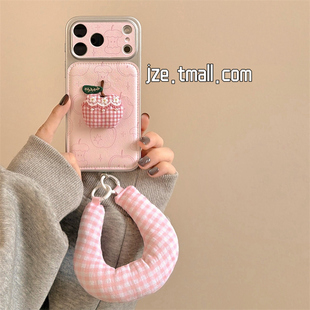 jze 韩系粉色线条立体布艺苹果适用苹果17ProMax手机壳iphone15新款16pro少女心13格纹腕带15pro防摔保护套14