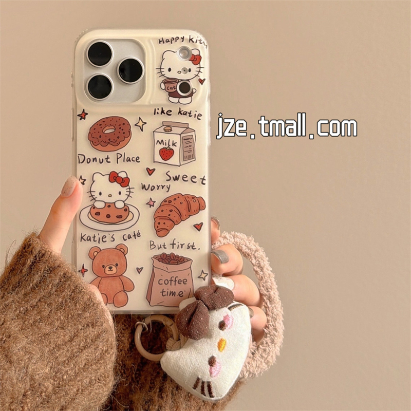 jze 可爱牛角包小熊KT猫毛绒挂绳适用苹果17ProMax手机壳iphone15新款16pro女13磨砂双层15pro防摔保护套14韩