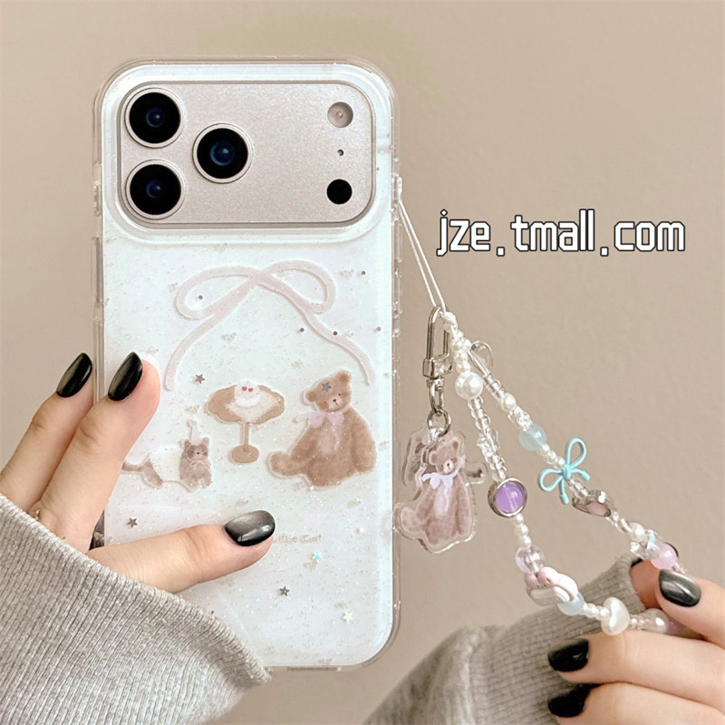 jze 少女心白色细闪蝴蝶结小熊狗狗挂链适用苹果17ProMax手机壳iphone15新款16pro女13双层15pro防摔保护套14