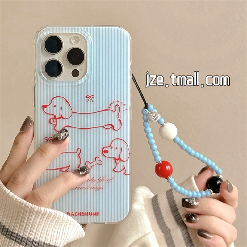 ins可爱蓝条纹腊肠狗带链条适用苹果15手机壳iphone16ProMax新款15promax女款13卡通16pro超好看14全包保护套