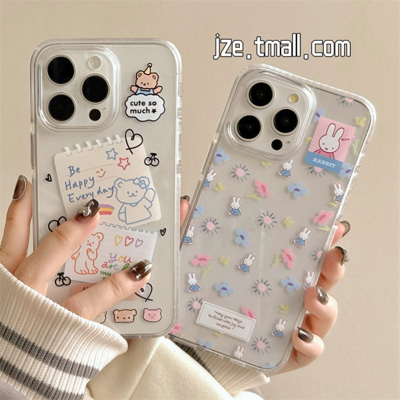 韩系可爱兔子小熊涂鸦适用苹果15手机壳iphone16promax新款15pro防摔13简约小众12女款14pro透明全包情侣软壳