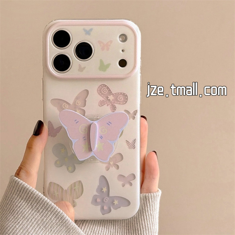 jze少女心ins缕空彩色蝴蝶带支架适用苹果17ProMax手机壳iphone15新款16pro超好看17pro双层14全包防摔手机套